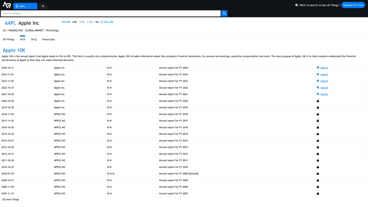 Alpharesearch — Open a sample filing to test search relevance