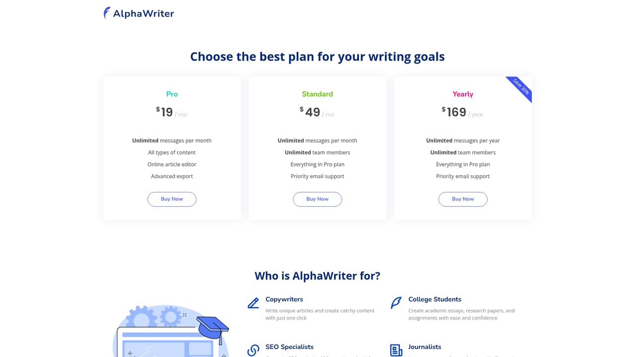 AlphaWriter — Pick a monthly plan when credits run low