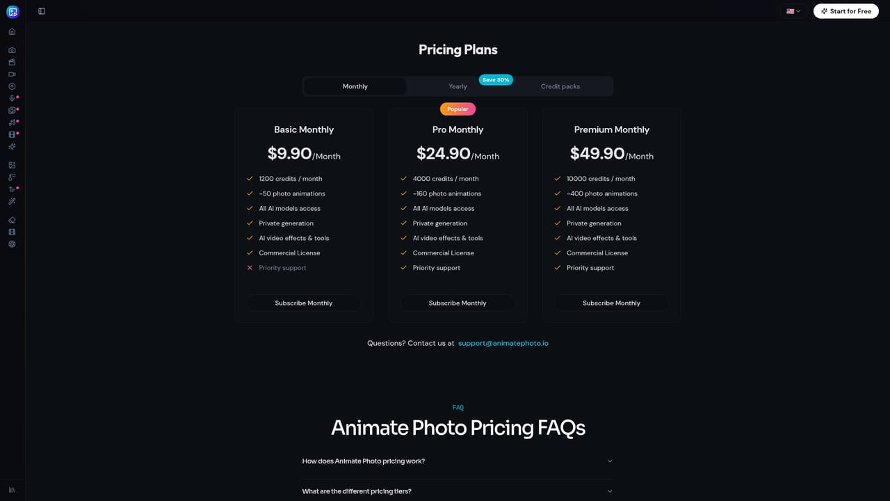 AnimatePhoto.io — Review credits and plans