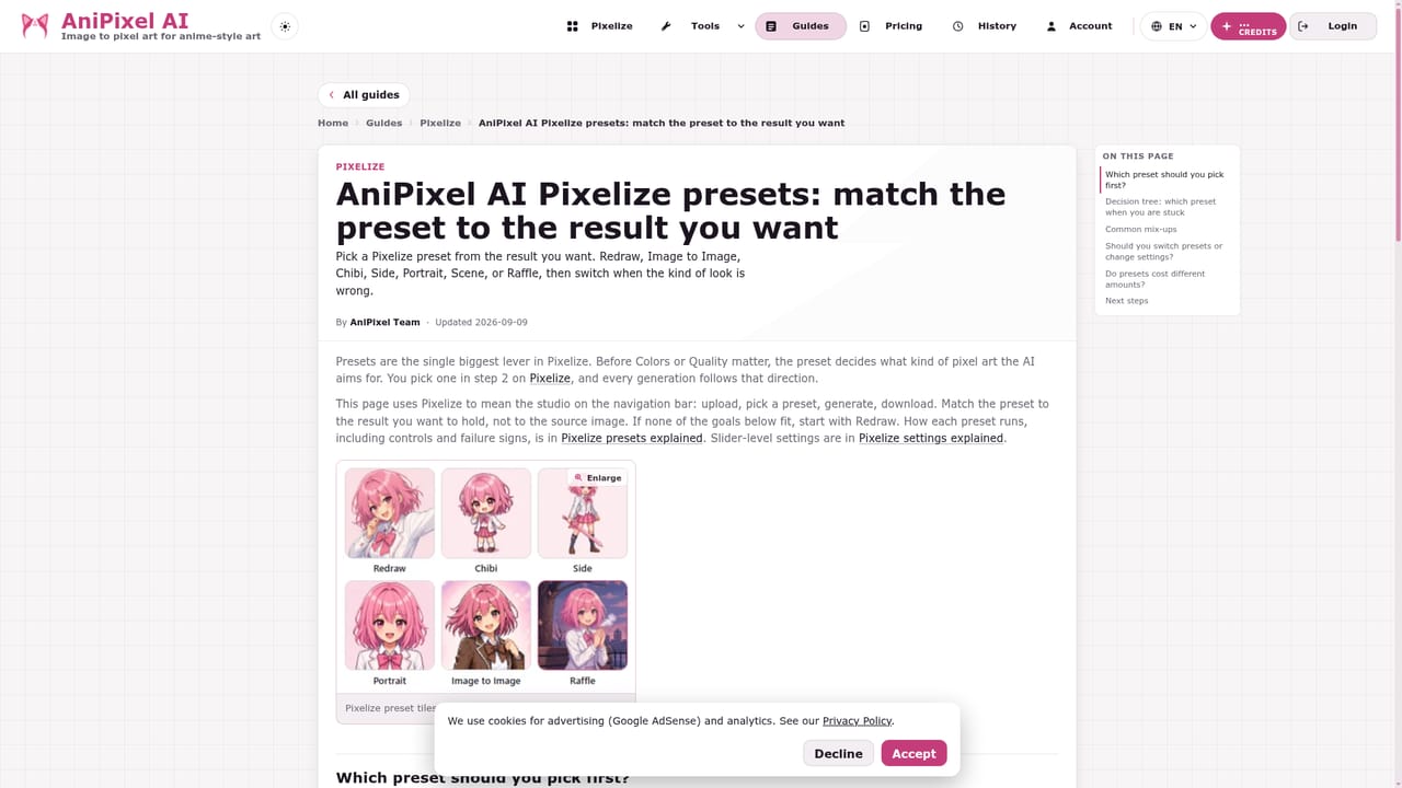 AniPixel AI — Compare presets before committing