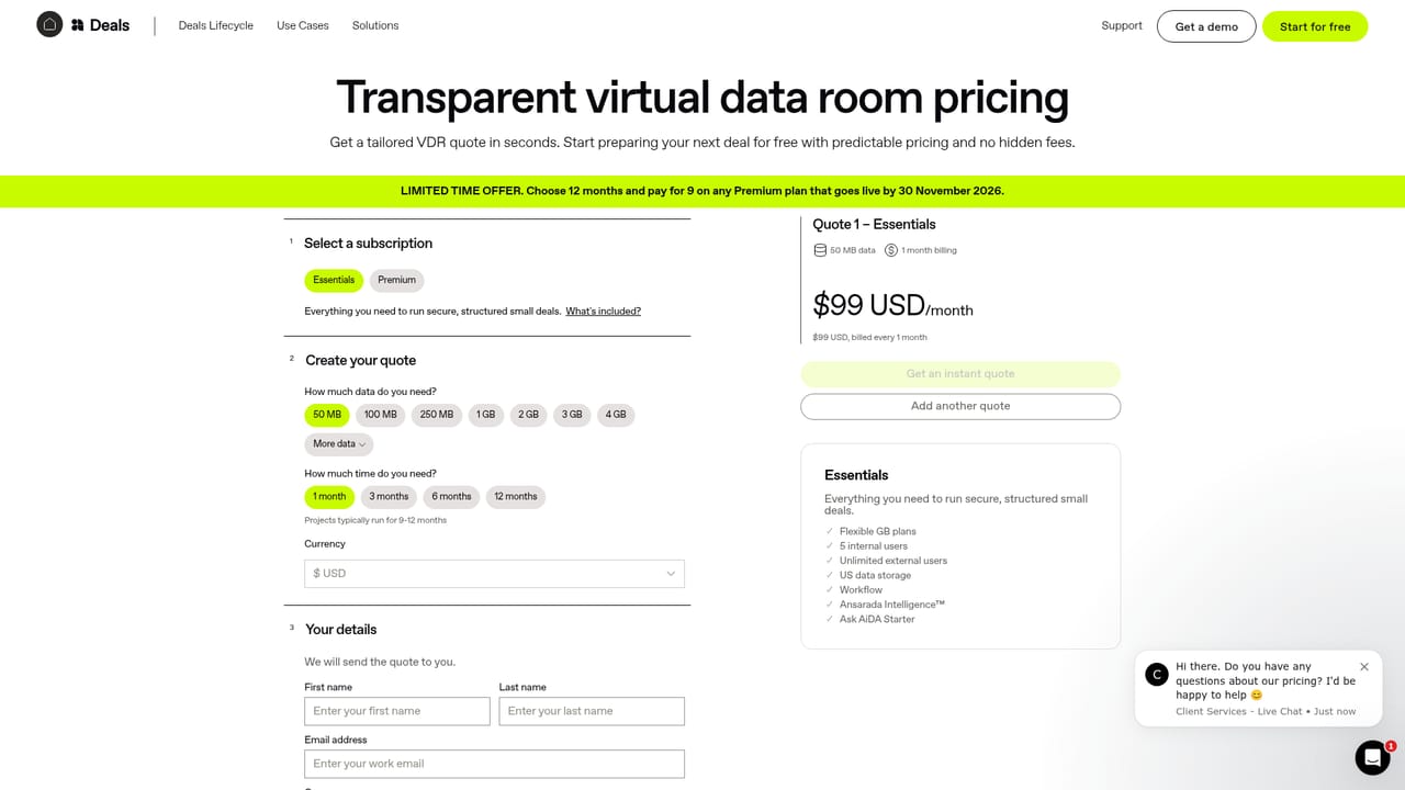 Ansarada — Get a quote for your transaction