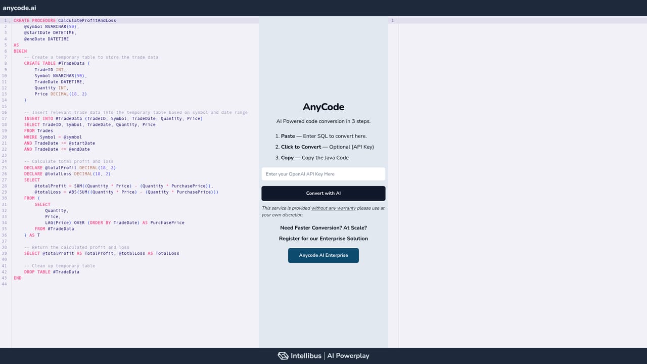 Anycode AI — Try the free SQL to Java converter