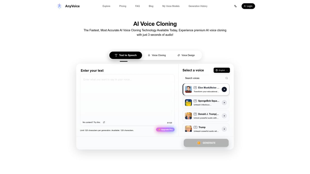 AnyVoice — Open the voice cloning workspace