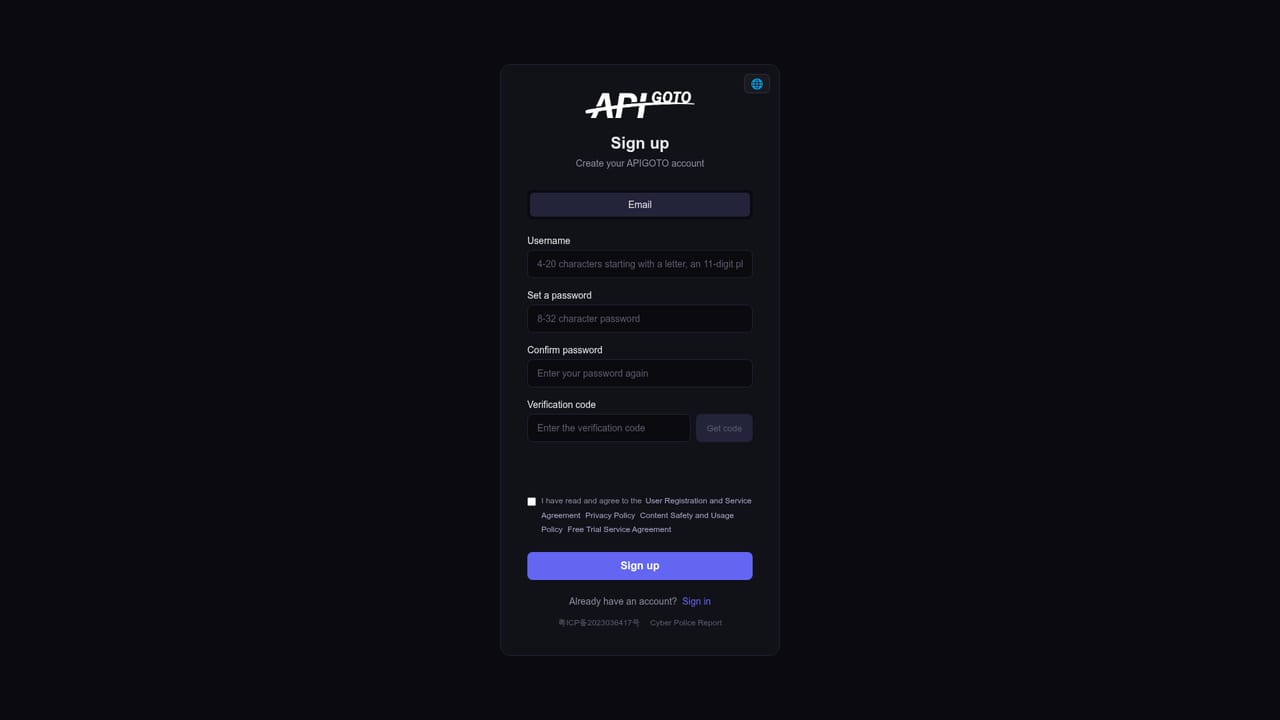 APIGOTO — Register an account