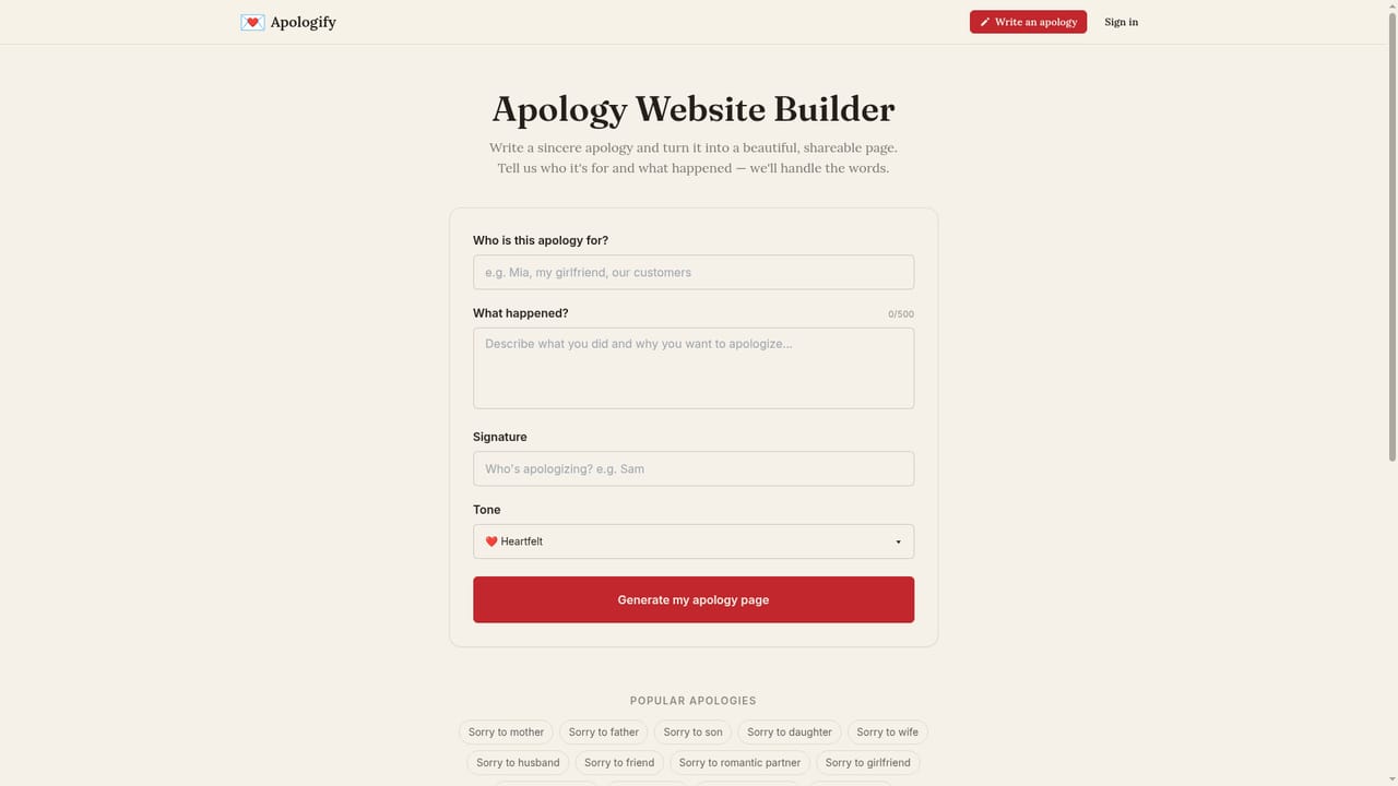 Apologify — Pick the relationship or start custom