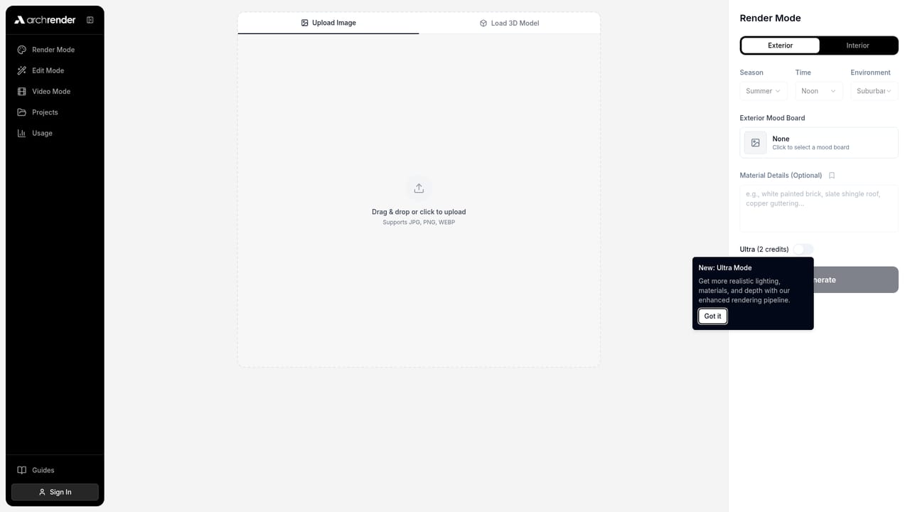 ArchRender — Open the app and start a project