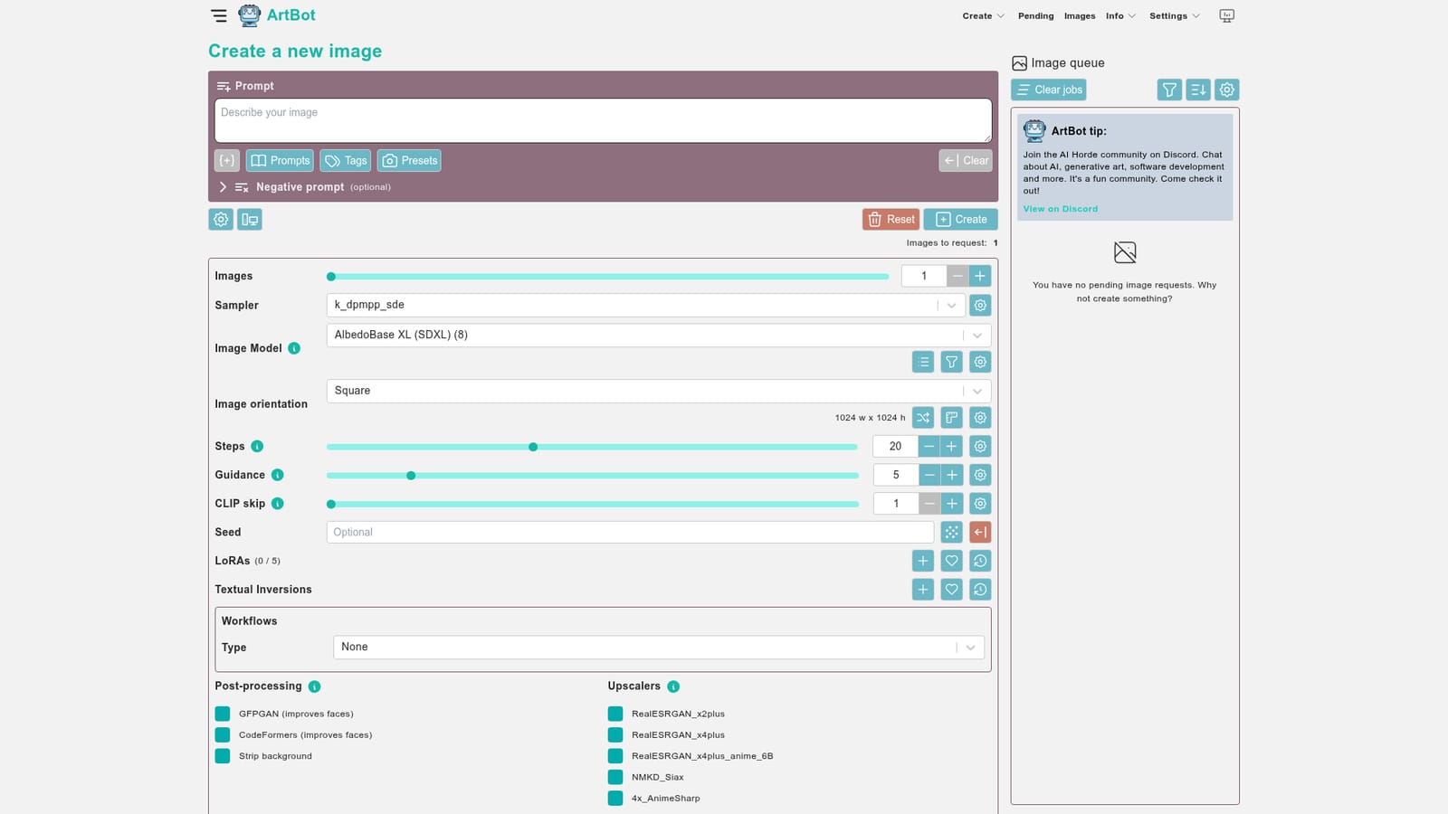 ArtBot — Open the create panel and write a prompt