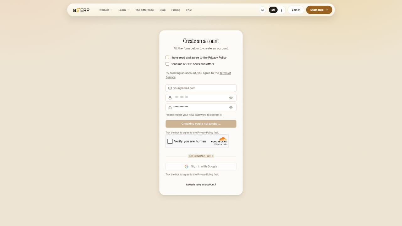 aSERP — Create an account and add your brand