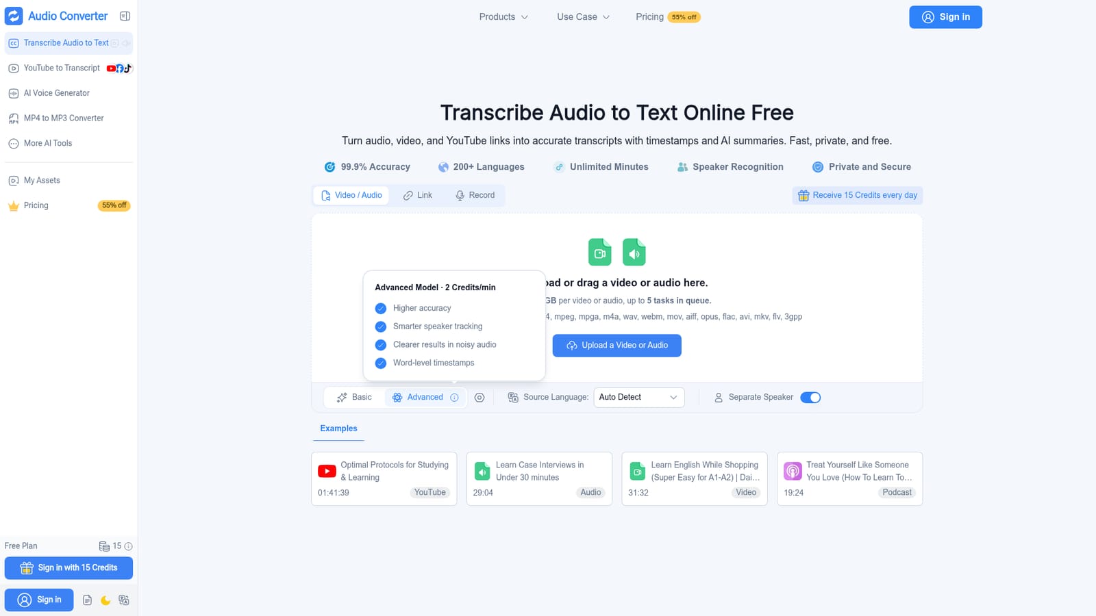 Audio Converter AI — Open the transcription workspace