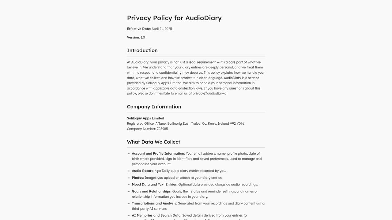 Audio Diary — Export or delete your data