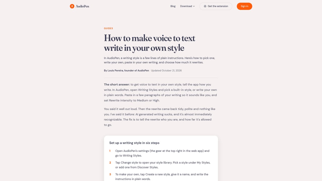 Audiopen — Build a custom style from your own writing