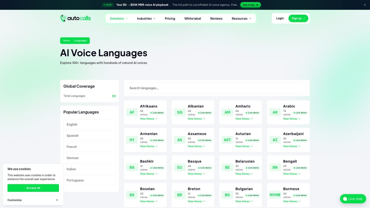 AutoCalls — Choose a voice and language set