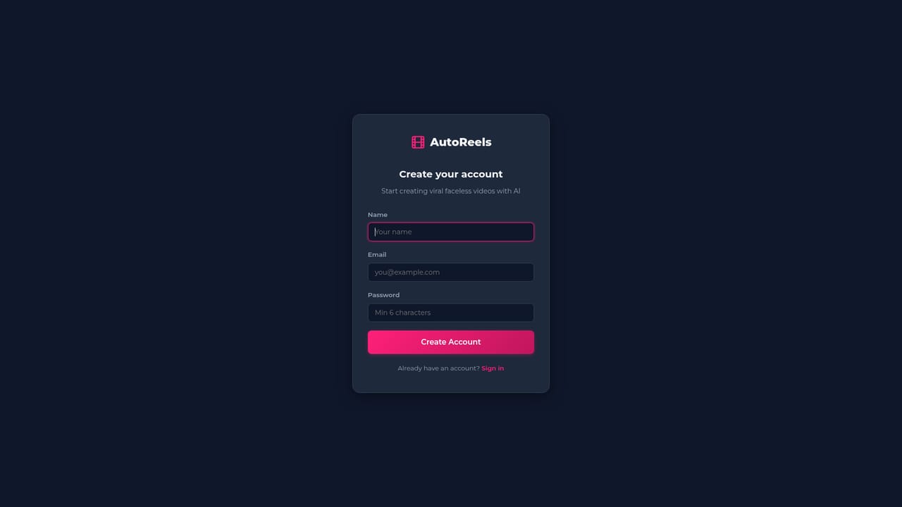 AutoReels — Create an account