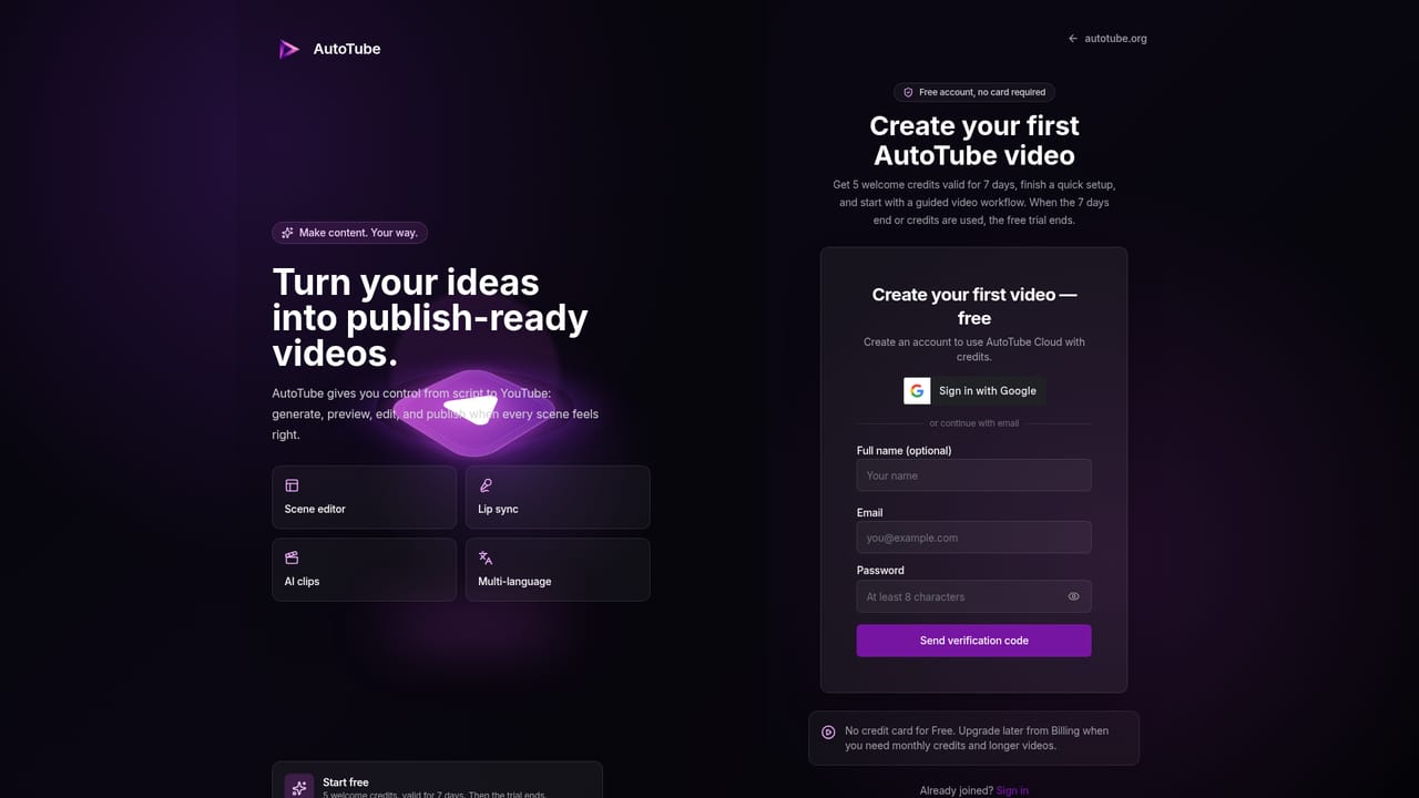 AutoTube — Create a free account