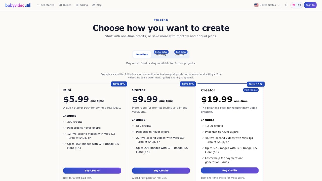 BabyVideo AI — Top up credits if needed