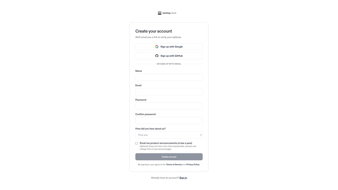 Backlog.cloud — Create an account and pick a plan