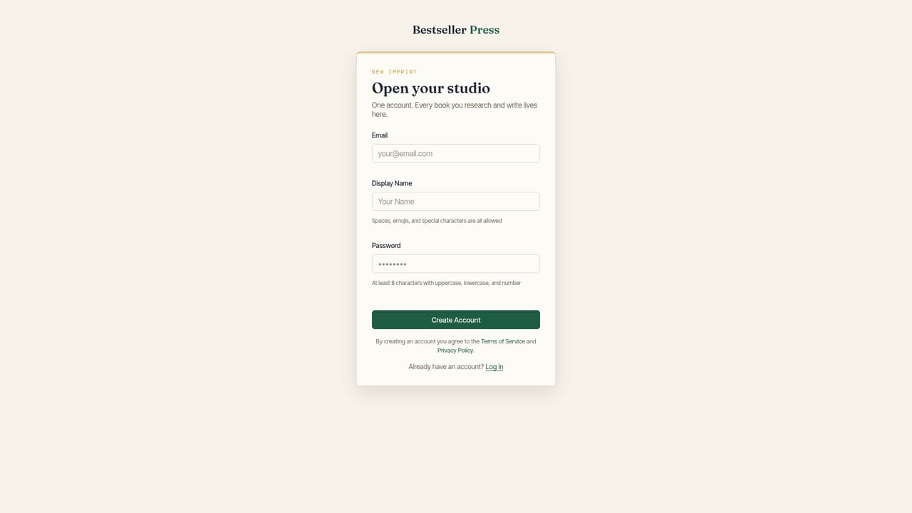 Bestseller Press — Open the studio and run research