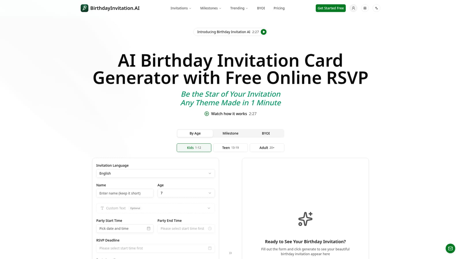 Birthday Invitation AI — Choose an age group and language