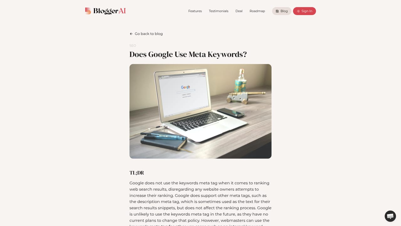 BloggerAI — Generate the SEO extras and review