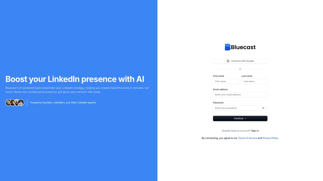 Bluecast — Create your account