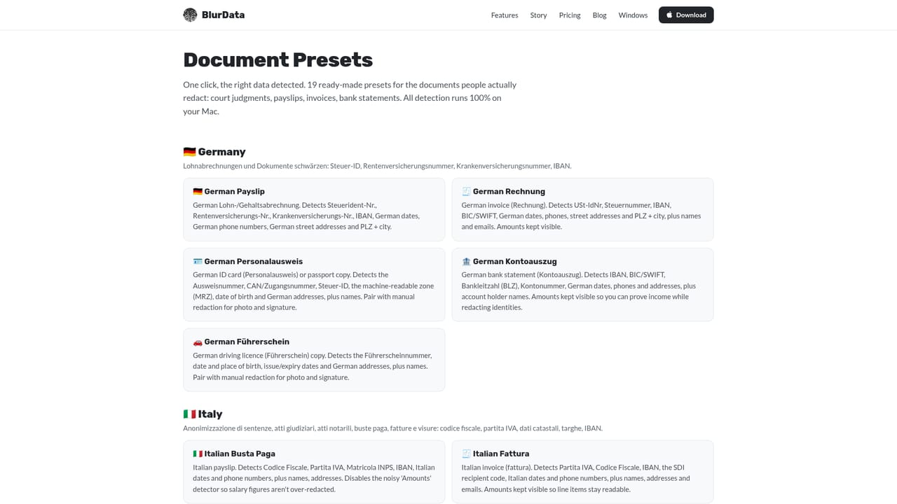 BlurData — Choose a preset for your document type