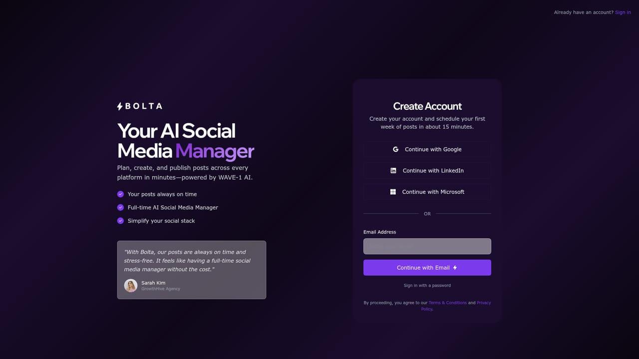 Bolta AI — Create your account and workspace