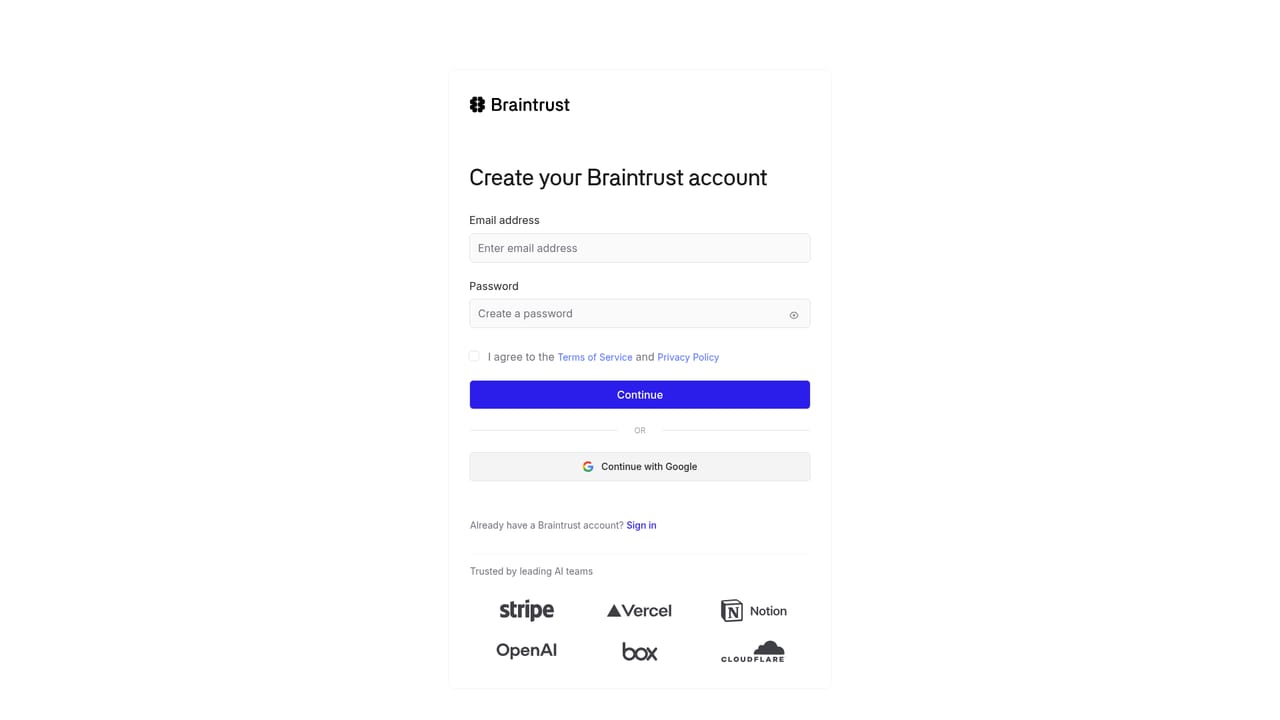 Braintrust — Create an account and project