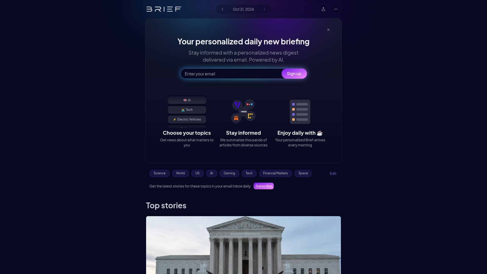 Brief News — Open the homepage and start sign up