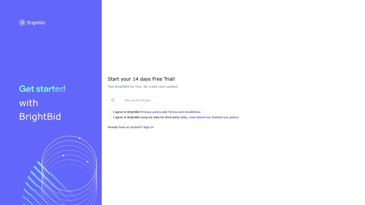 BrightBid — Create your account and start the 14 day trial