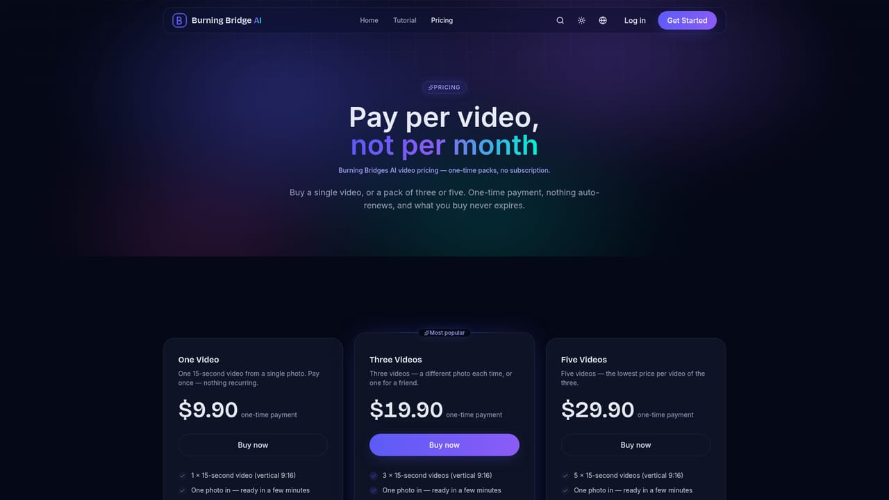 Burning Bridge AI — Pick a video pack and pay
