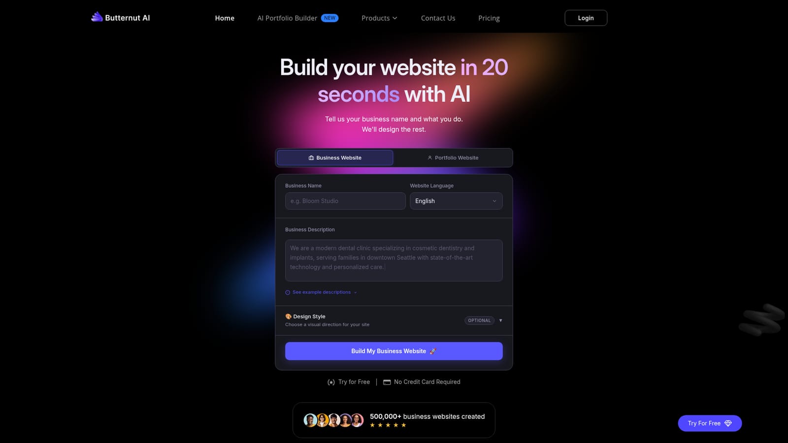Butternut — Choose Business or Portfolio and enter basic details