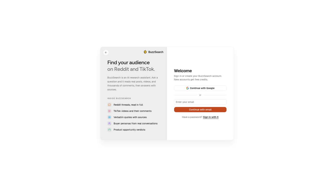 BuzzSearch — Open the app and start a research chat
