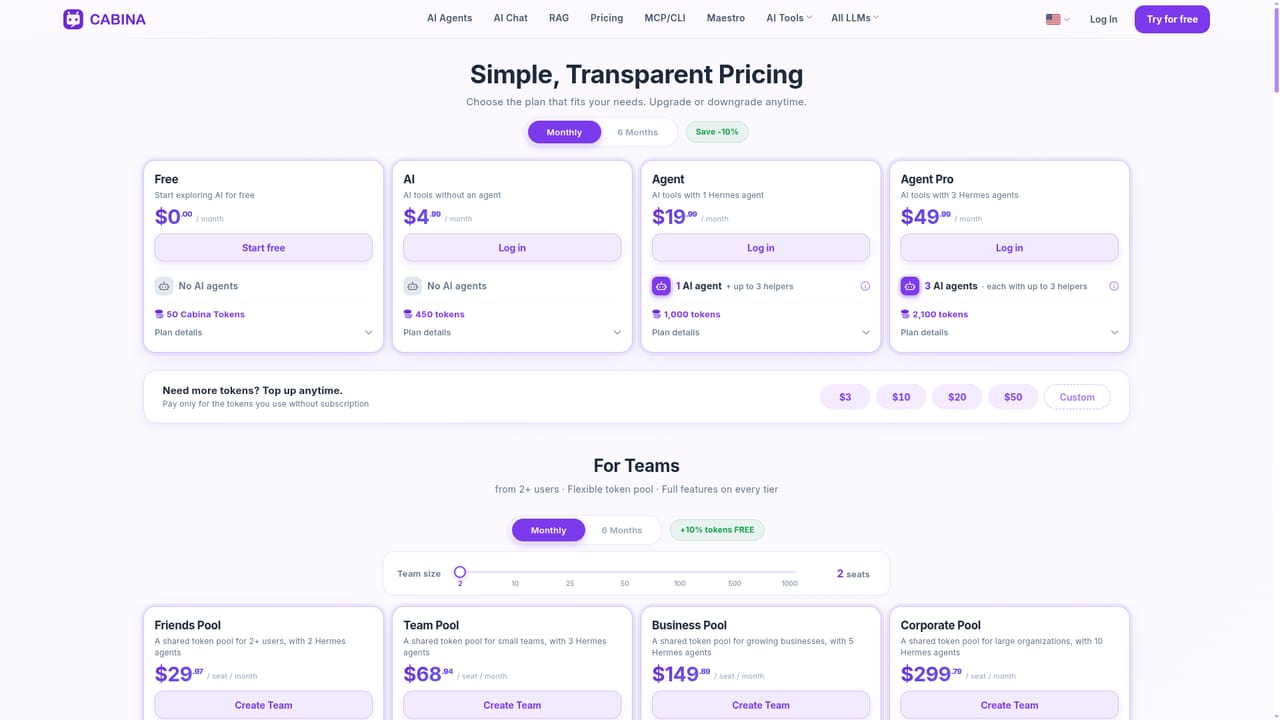 Cabina.AI — Review plans and pick a tier