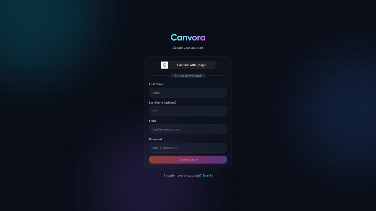 Canvora — Create a free account