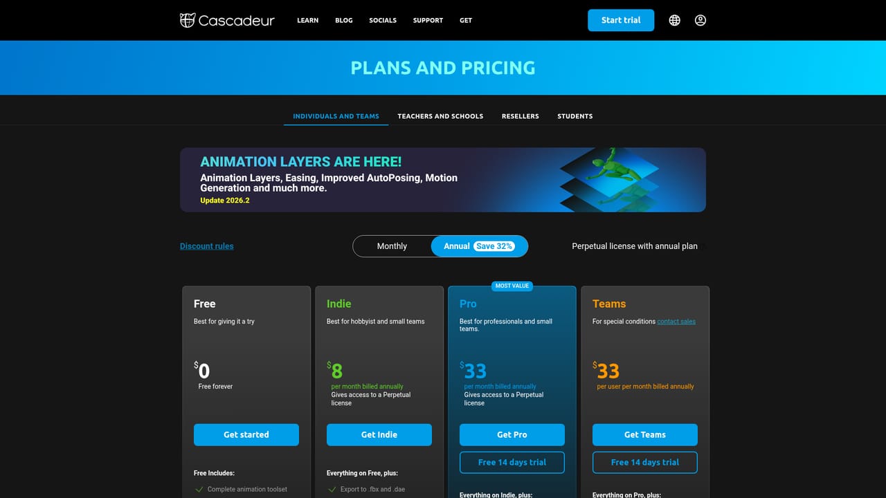 Cascadeur — Choose a plan and install Cascadeur