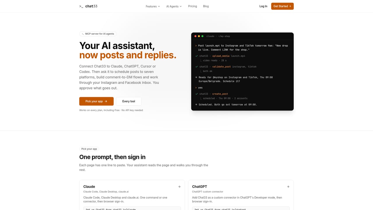 Chat33 — Schedule posts or connect an agent