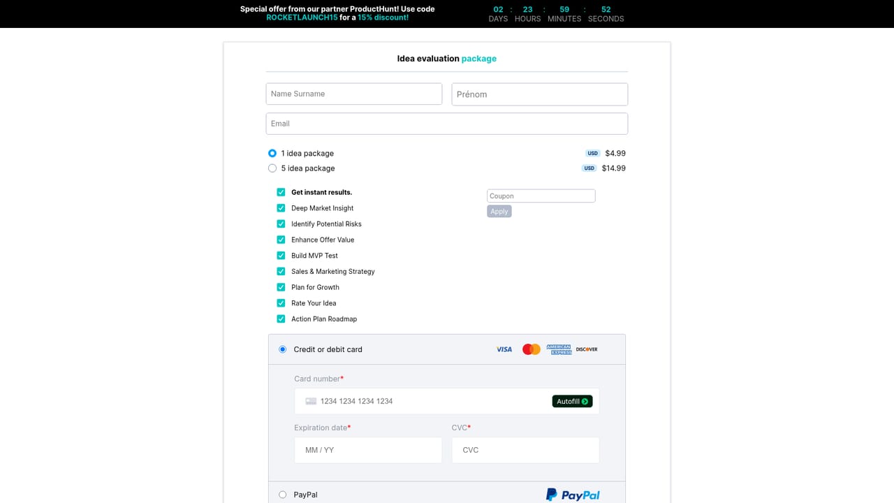 CheckMyIdea — Submit and move to checkout