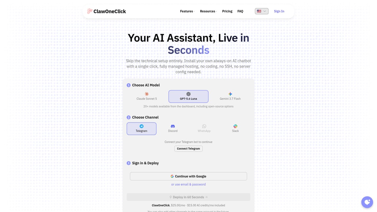 ClawOneClick — Pick an AI model from the dashboard list