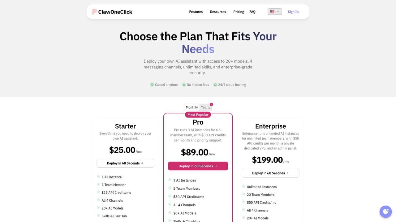 ClawOneClick — Review plans and choose a tier