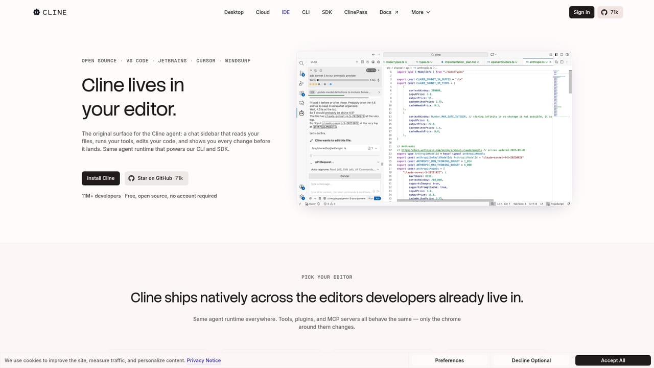Cline — Choose your surface: IDE, terminal, or desktop