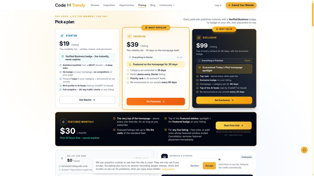 CodeTrendy — Choose a free or paid listing tier