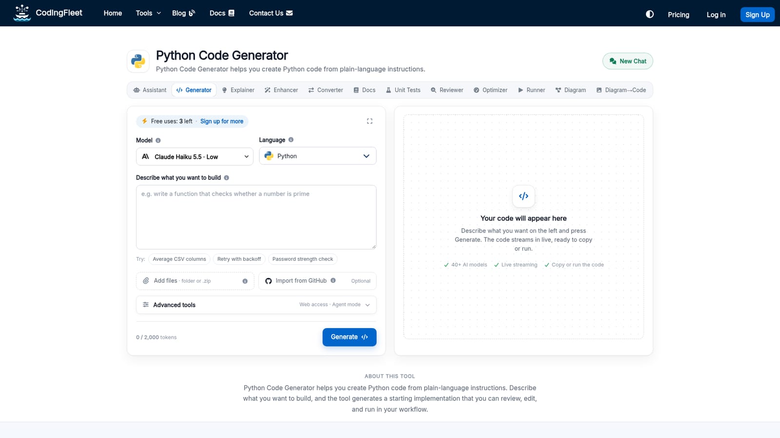 CodingFleet — Open the Python generator