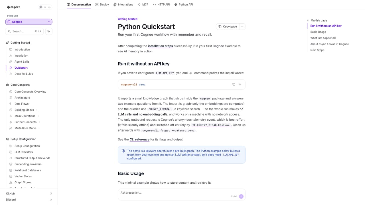 Cognee — Install the package and run the quickstart