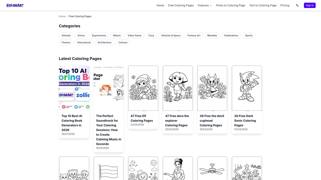 ColorArt AI — Browse free themed pages for quick tests