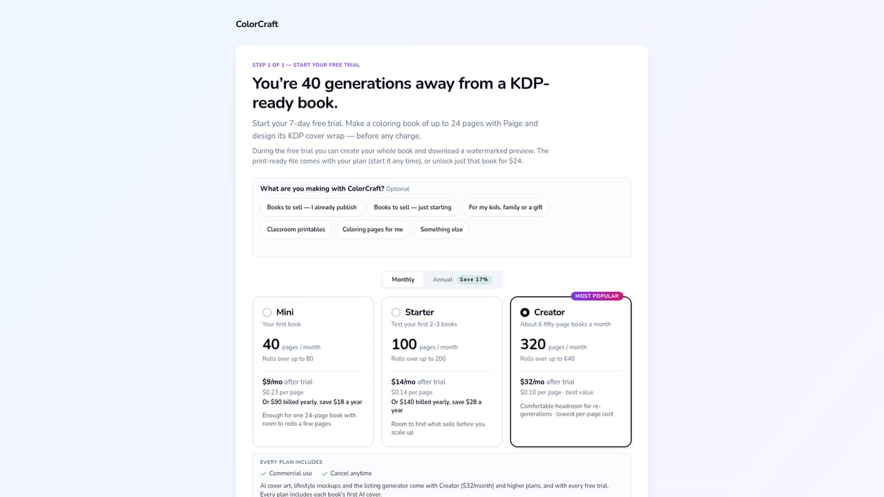 ColorCraft — Start the trial and describe your book