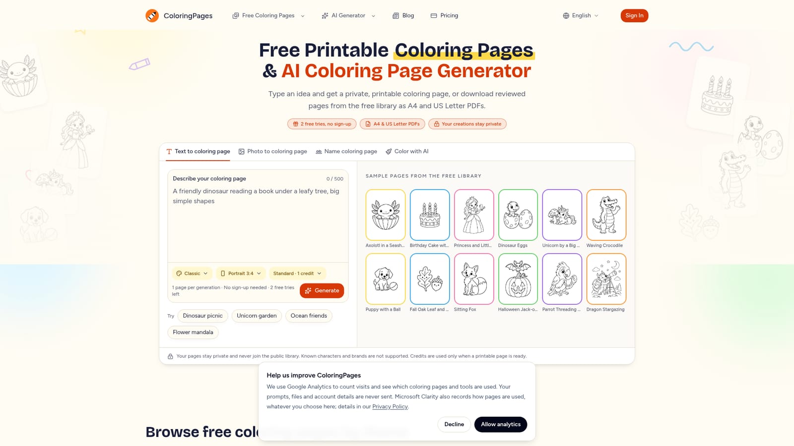 ColoringPagesTools — Generate a custom page with AI