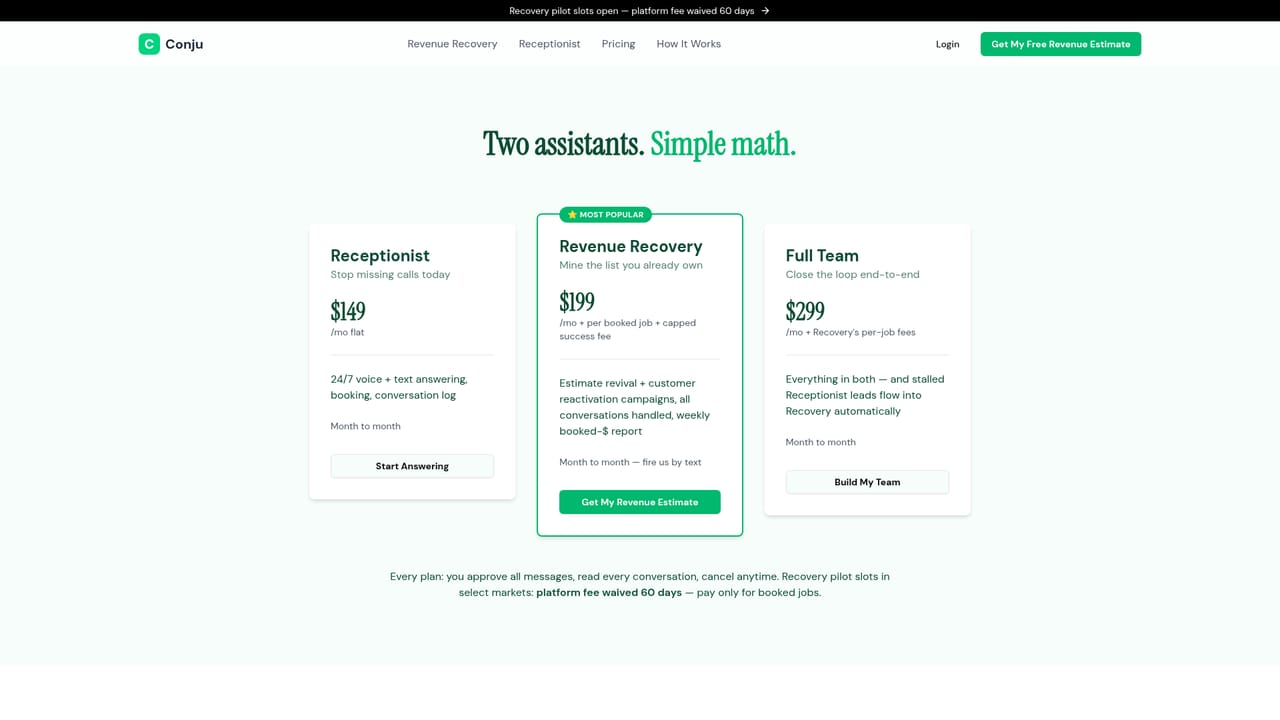 Conju — Compare receptionist and bundle pricing