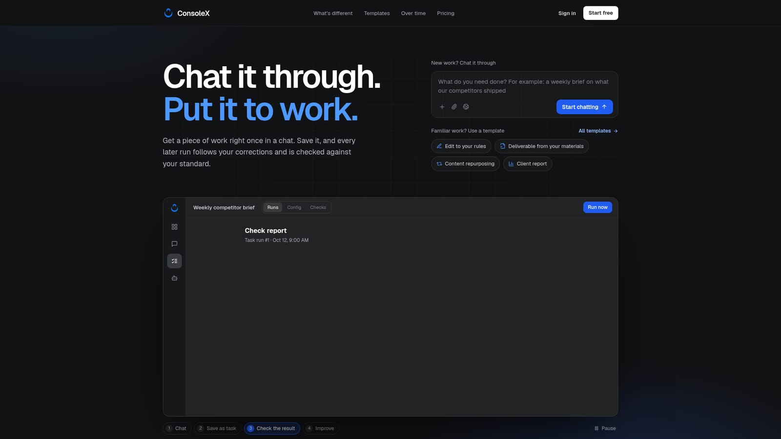 ConsoleX AI — Describe the work in a chat