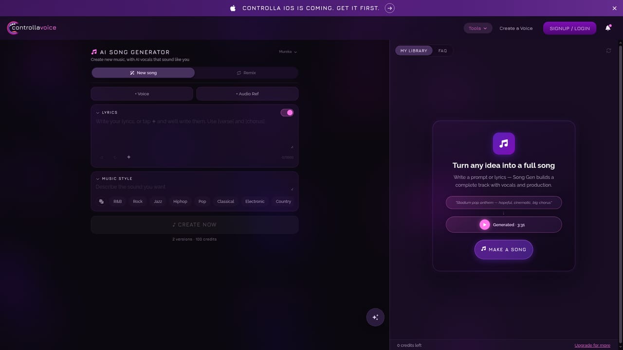Controlla Voice — Run a voice swap or generate a song