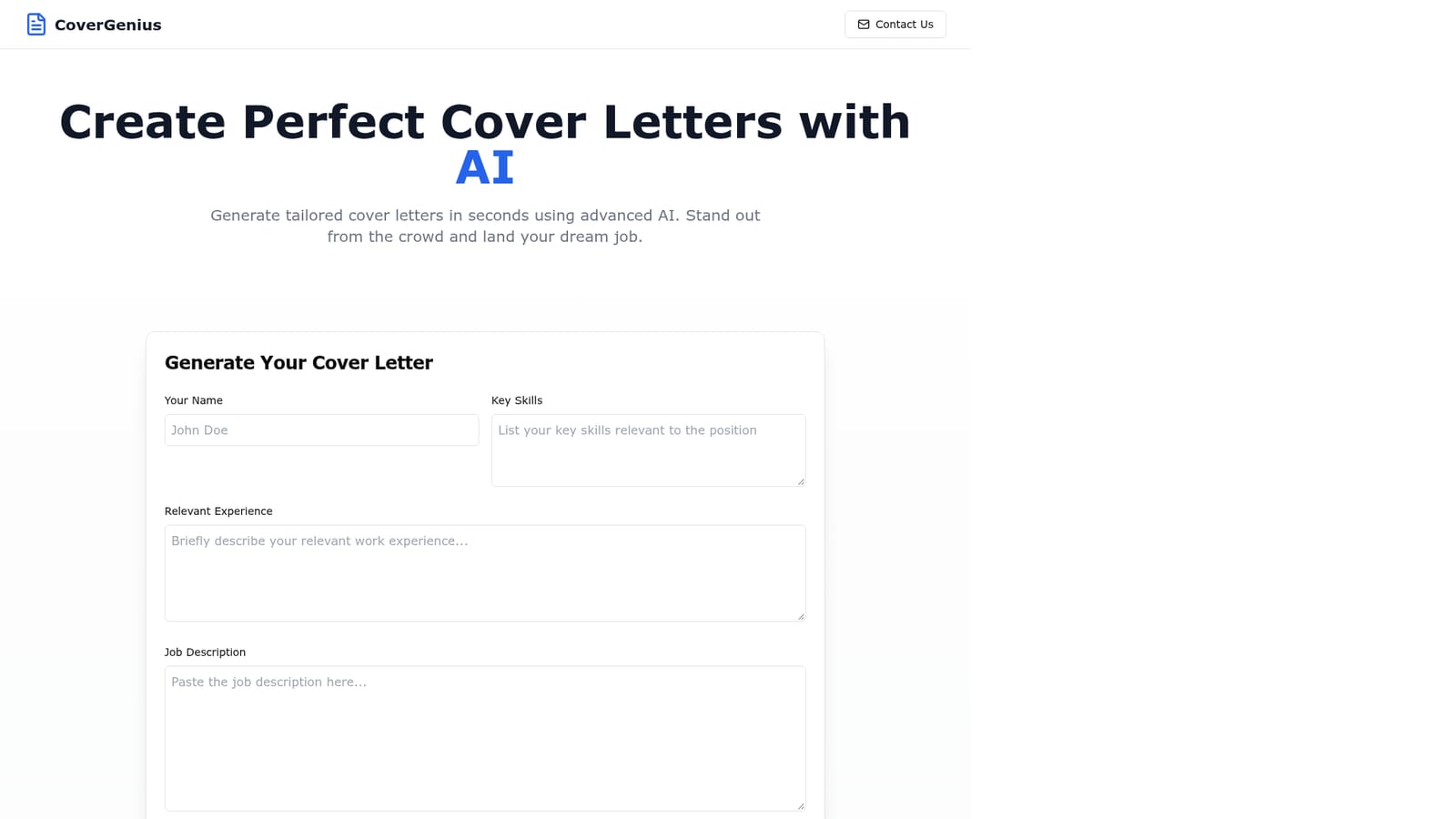 Cover Genius — Open the generator form